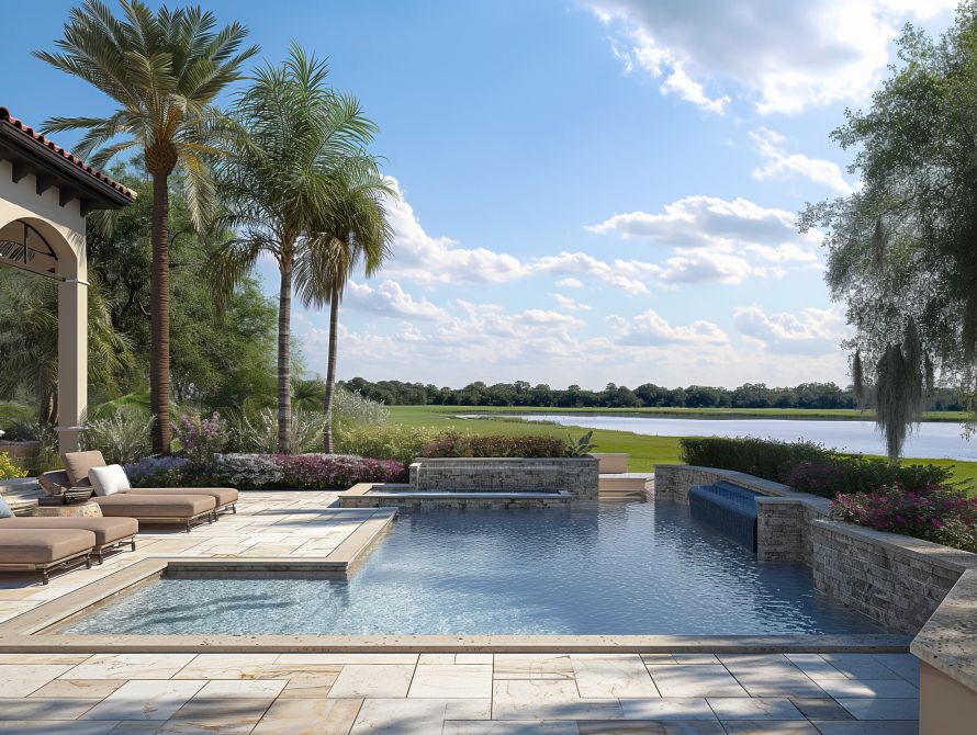 A luxury home backyard