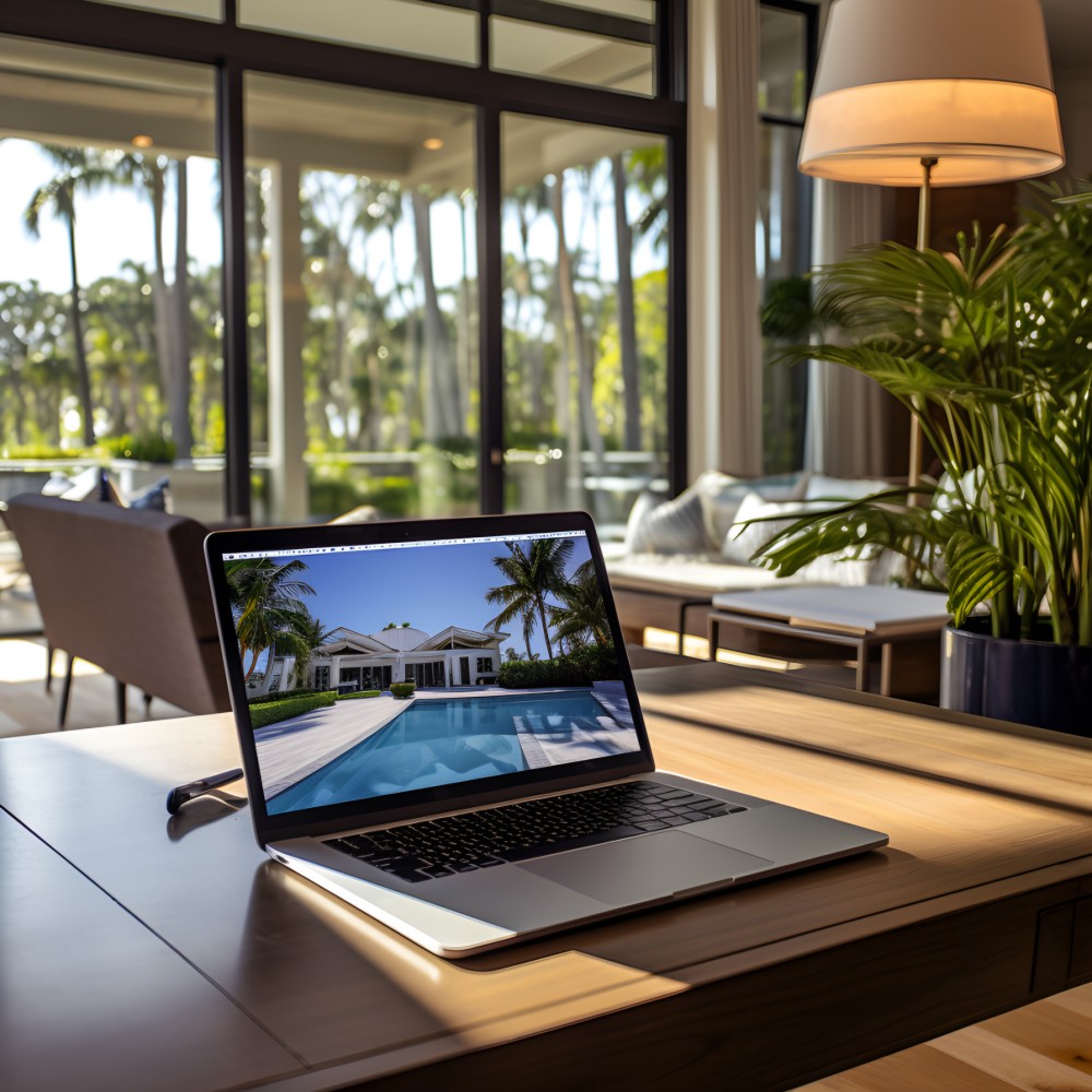 Image of a laptop on a desk with high end real estate on the screen